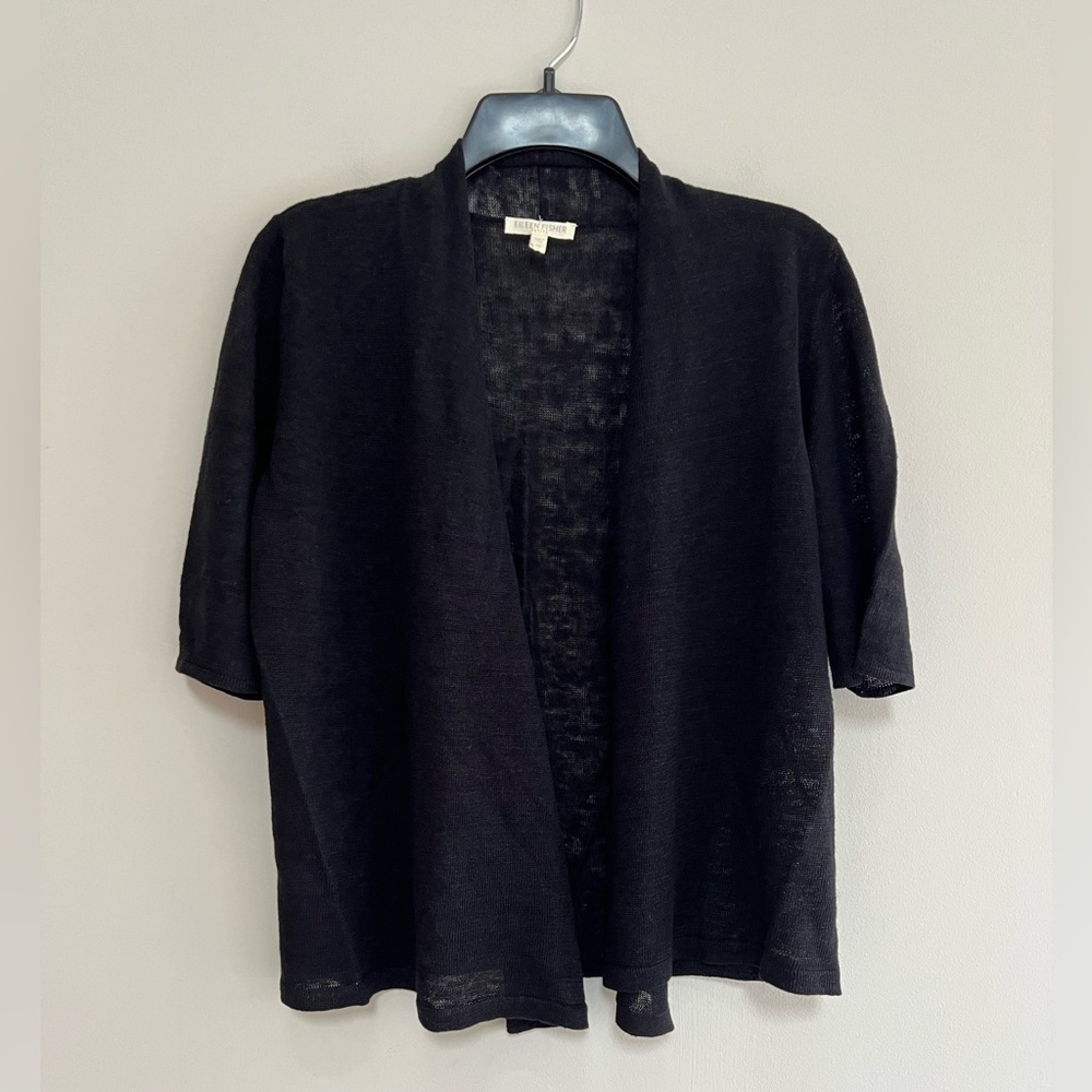 Eileen Fisher Open Front Half Sleeves 100% Linen Cardigan in Black, size PS